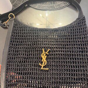 YSL Saint Laurent Black Macramé Shoulder Tote Bag with Gold Logo